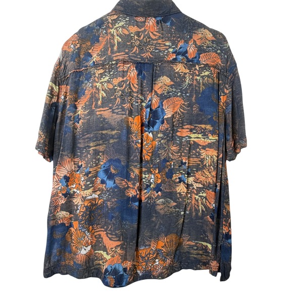 We The Free Button Down XS Oversized Blue Orange Tropical Floral Raw Edge Shirt - Picture 4 of 15